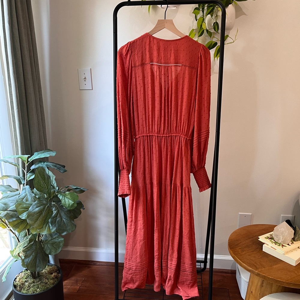 Kivari Boho Maxi Dress Rusty Orange Red Balloon Sleeve Tiered Pockets Size 6 - Picture 4 of 14